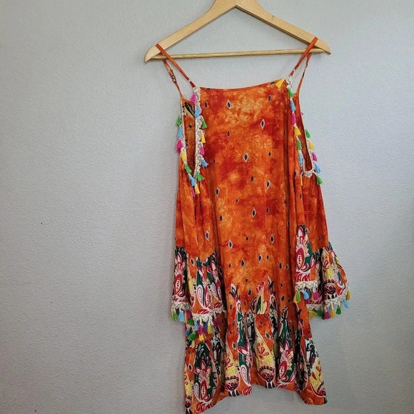 Velzera Anthropologie Tunic Dress Womens M Orange Cold Shoulder Bell Sleeve - Picture 4 of 10